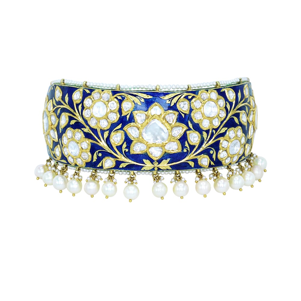 Choker with Blue Enamel, Polki Florals, and Pearl Border